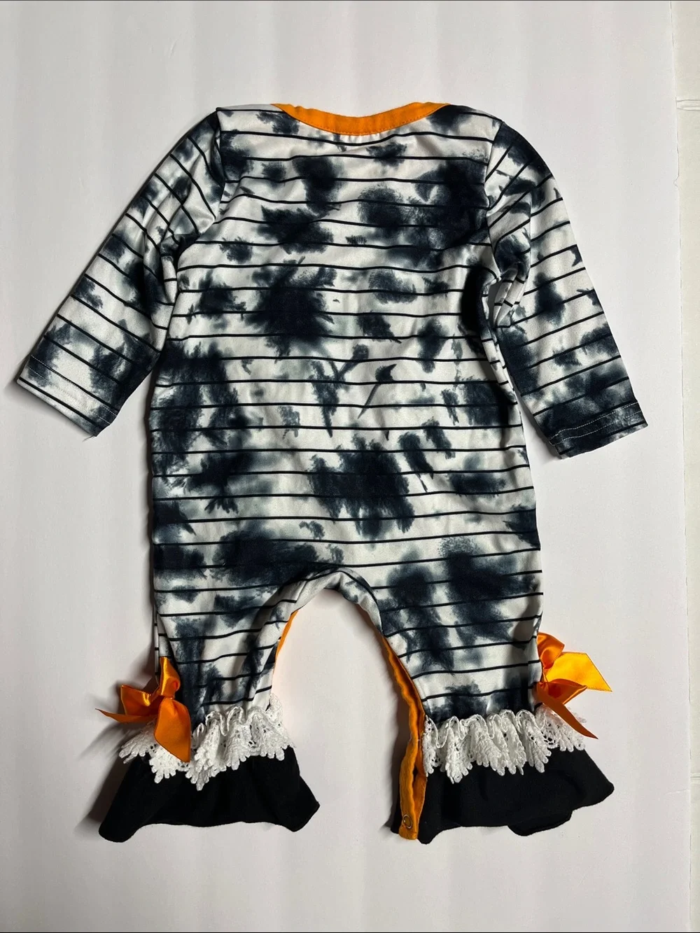 Kids Ghost One-Piece Romper in Black & White with Orange Trim